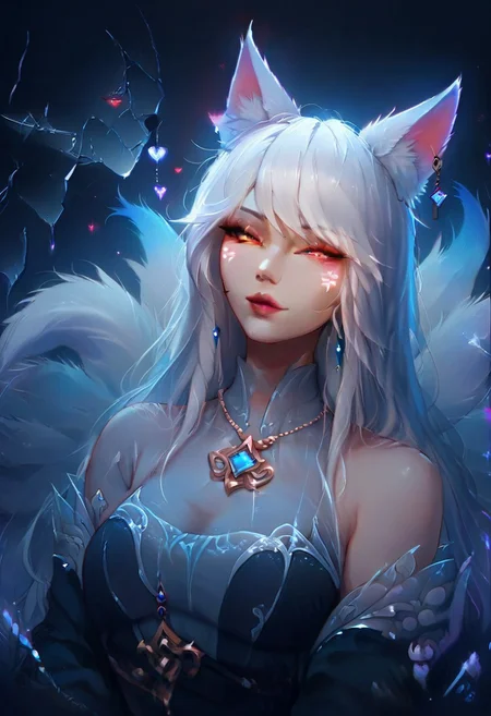 ShimmerStyle, extremely detailed, dynamic angle, ultraHD, ultrarealistic, score_9, score_8_up, score_7_up, score_6_up, a woman, animal ears, animal ear fluff, red eyes, perfect cute face, perfect beautiful face, white hair, long hair, glowing eyes, (red eyes), broken glass, reflection, upper body
(Kitsune female), ((nine tails)), (Fox ears), (fox tails), (multiple tails), (light grey colored fur with black tips), sexy female fox goddess, foxgirl, Sona (League of Legends)
witch hat, gold hair pieces,
nightime, moonlight, Expressiveh, looking_at_viewer, g0thicPXL, glowing, neon, <lora:PonySpiritAnimals:1>, spirit background, spirit blossoms