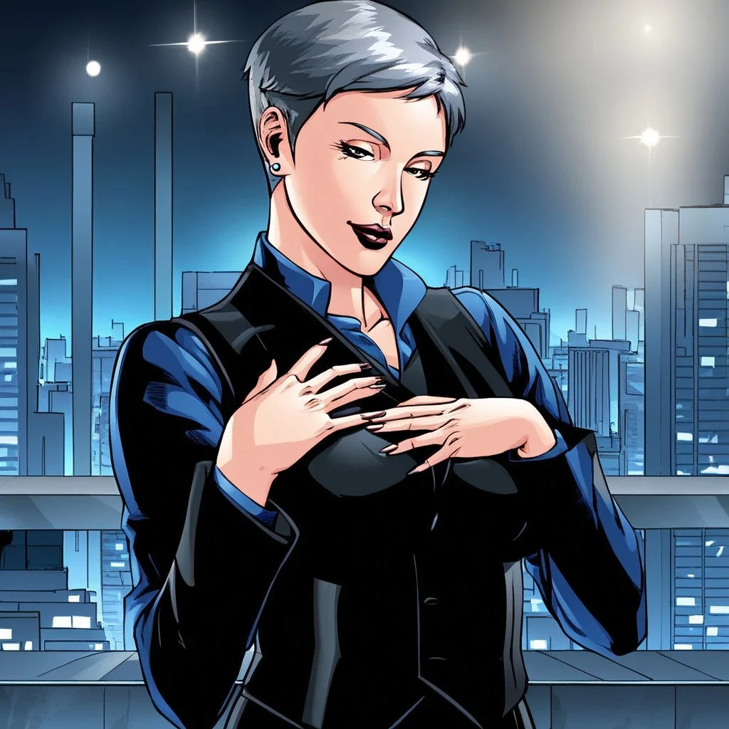 (masterpiece), best quality, expressive eyes, amazing quality, solo, 1girl, black vest, earrings, very short hair, hand on own chest, black jacket, formal, black pants, City, black eyes, grey hair, Mature female,