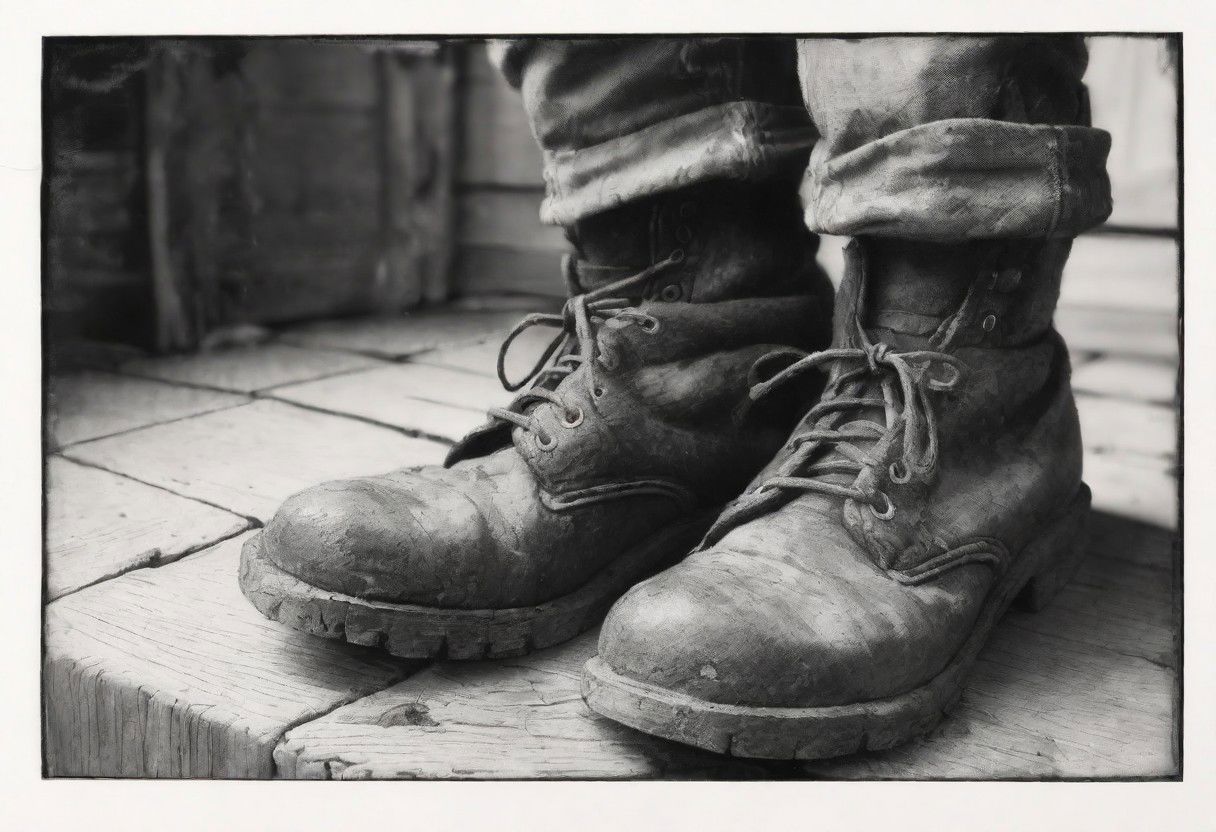 Create pencil, very sketch, charcoal type of close up of pair of old boots, left and right, worn side by side, perspective from wearers view point, looking down feet inside, Woolly socks, on shins, stood on top of old stone step, black and white, view from above, looking down at boots on feet