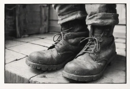 Create pencil, very sketch, charcoal type of close up of pair of old boots, left and right, worn side by side, perspective from wearers view point, looking down feet inside, Woolly socks, on shins, stood on top of old stone step, black and white, view from above, looking down at boots on feet