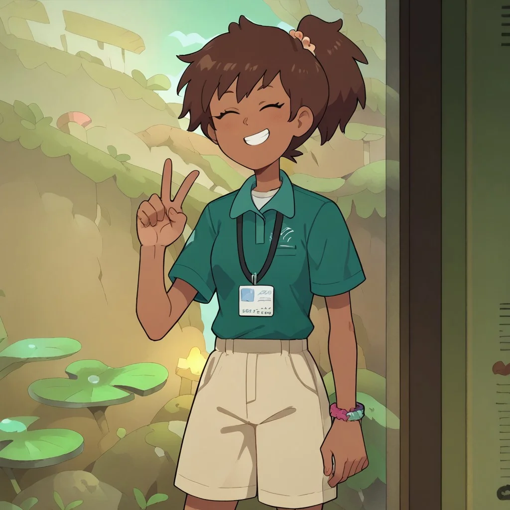 Expressiveh,score_9, score_8_up, score_7_up, ng_deepnegative_v1_75t, anne,1girl. dark skinned female,brown hair, ponytail,collared shirt, Short sleeves, boots, shorts, solo, big breast, close up, smile, peace sign