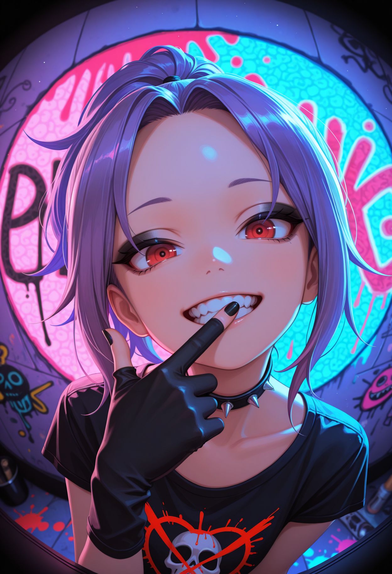 masterpiece,best quality,absurdres,highres,very aesthetic,high quality,detailed,insanely detailed,beautiful,perfect lighting, ,depth of field,blurry background,bokeh, looking at viewer, 
 <lora:Sazanka Illu:1> 1girl, purple hair, parted bangs, ponytail, red eyes, forehead,  
 black gloves, ((punk outfit,)), smile, goth eyeliner, full teeth, black nails, abstract background, abstract, colorful, paint splatter,fisheye, graffiti, head up, head tilt, finger frame,