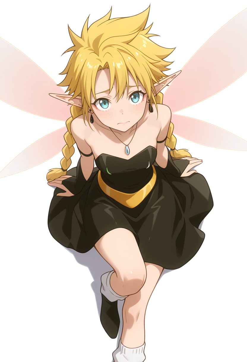 Smooth Quality,masterpiece,very intricate, high quality details, ultra realistic, high detailed skin,detailed enviorement,absurdres,
simple background, white background, 
from above,reclining, arms folded behind head, one knee bent, looking up, peaceful mood,  ,worried,
 <lora:Ramiriscnn:0.8> ramiriscnn,1girl, long hair, blonde hair, twin braids, pointy ears,wings, fairy wings,fairy, bare shoulders, strapless black dress,bridal_gauntlets, socks,necklace, earrings,