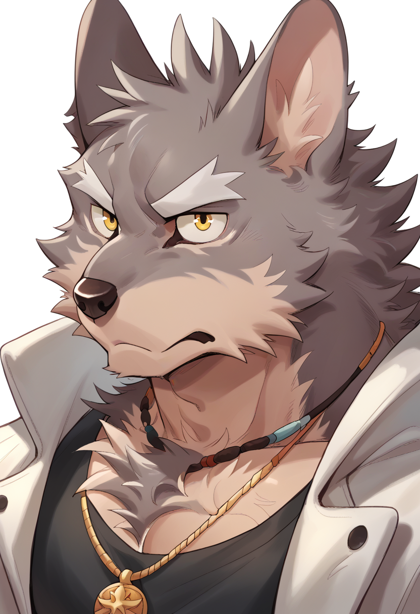 score_9, score_8_up, score_7_up, high quality, hires, by tupidwithouts, 1boy, solo, furry, wolf, grey body, yellow eyes, muscular, bara, necklace, <lora:TupidwithoutS_style:1>