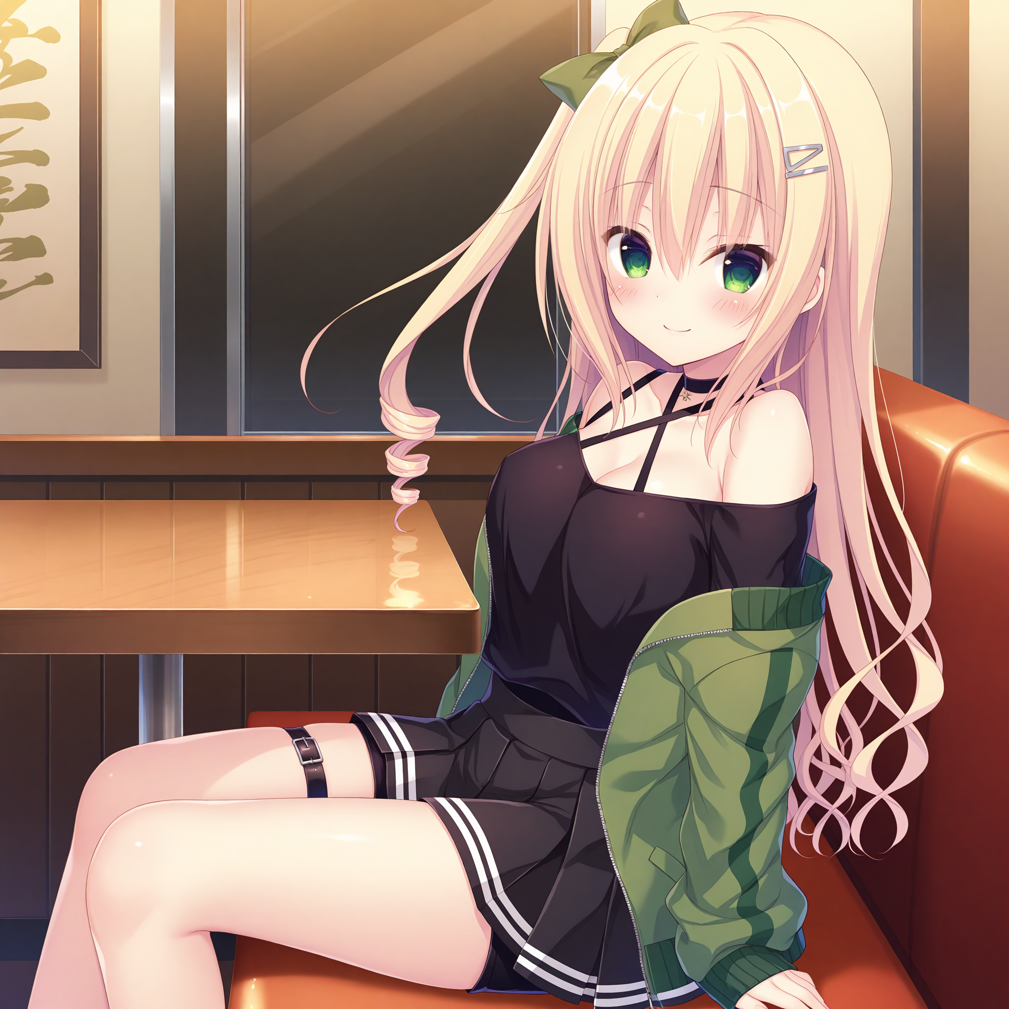 <lora:Yuzuki_Yuu_1_nai-000031:1>,Yuzuki Yuu,
one side up,silver hairclip,hair bow,green bow,pleated skirt,open jacket,black skirt,green jacket,off shoulder,criss-cross halter,halterneck,long sleeves,miniskirt,thigh strap,black choker,sleeves past wrists,black shirt,black shorts,
BREAK
1girl,solo,sitting,restaurant,from side,looking at viewer,smile,blush,leaning,face_focus,smile,arms at sides,arm support,
