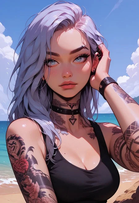 Score_9, Score8_up, Score_7_up, (((High Resolution, Best Quality))), Covered in Tattoos, hand on head, brushing hair behind ear,
Tanktop, cutoff, choker,
On a Cliff overlooking a beach, Cloudy Sky,