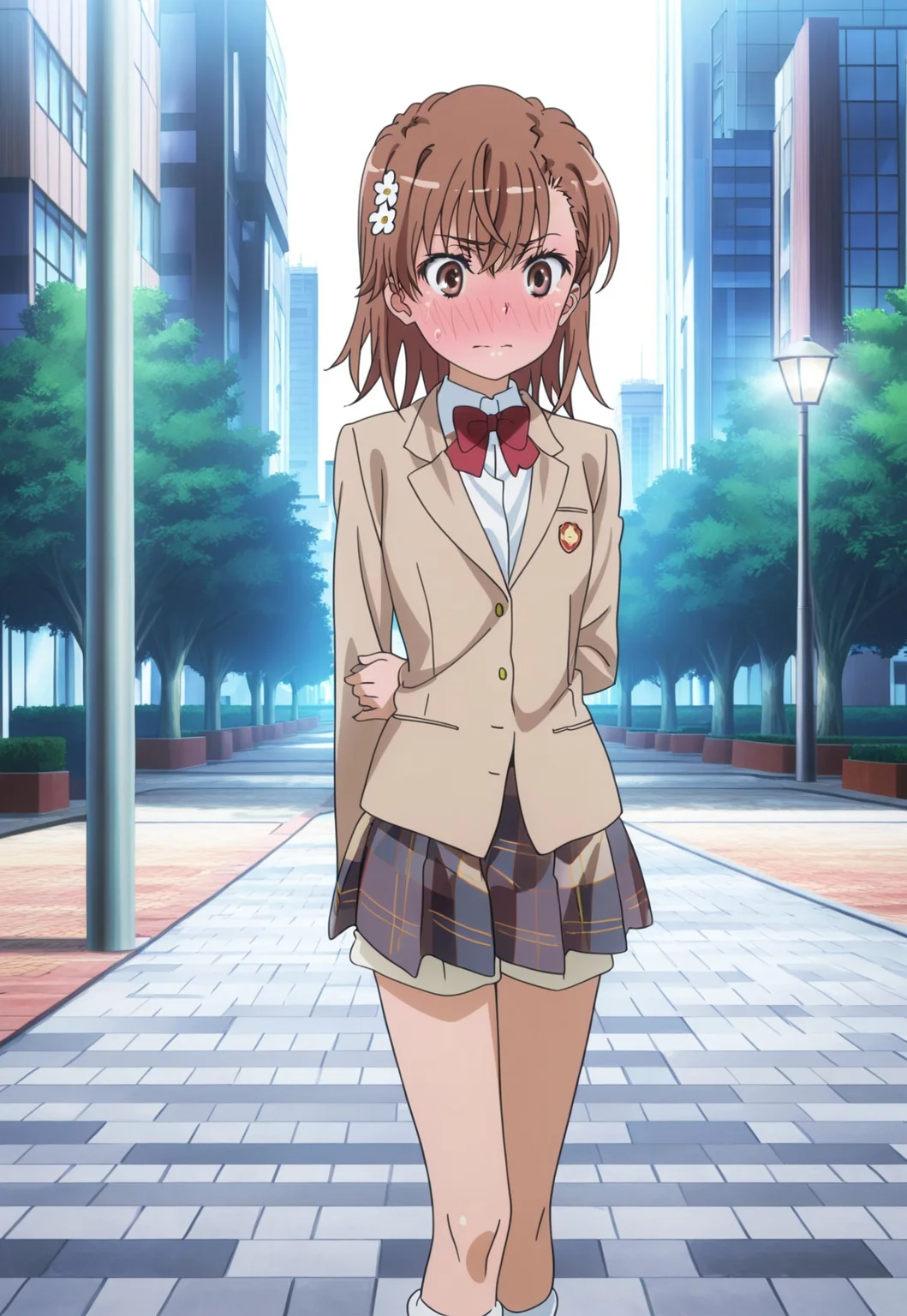 masterpiece, best quality, absurdres, highres, intricate details, very aesthetic, accurate art style, anime screencap, anime coloring, flat colors, official screencap, style parody, official art, proper proportions, extremely detailed, newest, 2025, BREAK, 1girl, misaka mikoto, short hair, brown hair, hair ornament, hair flower, school uniform, tokiwadai school uniform, whit shirt, bow, red bow, jacket, bowtie, blazer, brown jacket, red bowtie, plaid skirt, pleated skirt, plaid, shorts, white socks, loafers, brown loafers, shoes, BREAK, standing, embarrassed, blushing, BREAK, detailed background, outdoors, city landscape, sidewalk, midday, BREAK, perspective, cowboy shot, upskirt, from below, BREAK, vibrant colors, bloom, vignette, cinematic lighting, 75% soft lighting, 25% dark lighting