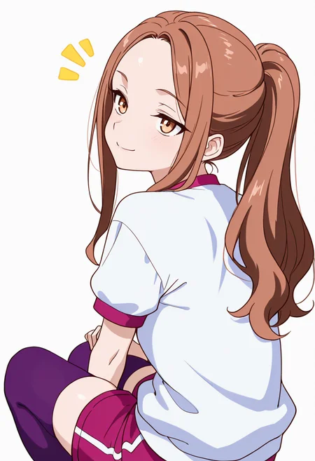 masterpiece,high quality details, absurdres,
<lora:Aona:0.8> aona_cnr, 1girl, brown hair, long hair, ponytail, brown eyes,, simple background, white background, from behind,solo,, ^^^,seductive smile,, looking up,dynamic twist,forehead resting on knees,, gym shirt,windbreaker,socks over thighhighs, ,purple pantyhose,