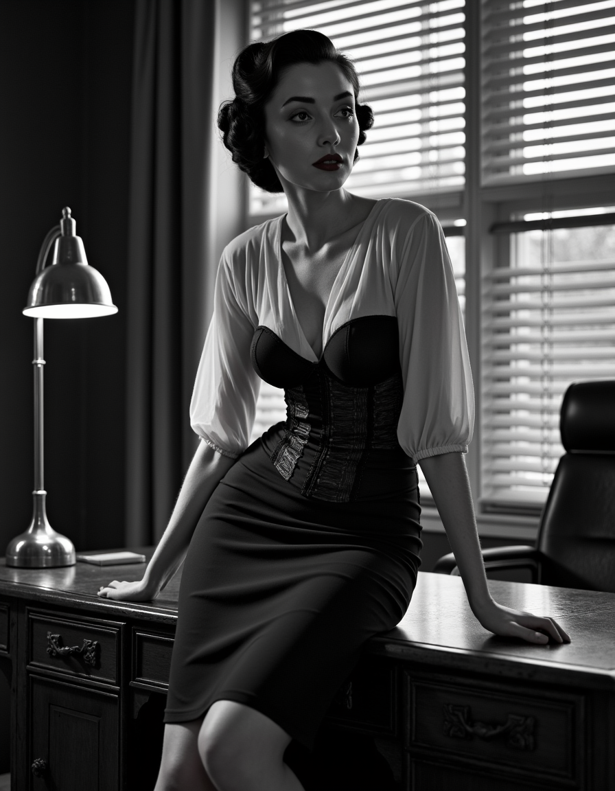 1950s ultra realistic, ultra defined textures, cinematic, cinematic lighting, monochrome,  in a dimly lit office, a woman perches on the edge of a mahogany desk, wearing a structured corset under a tailored pencil skirt and sheer blouse. Her hair is styled in victory rolls, and her red lips are illuminated by the warm glow of a single desk lamp. A close-up shot with a Zeiss Ikon Contax, the shadows of Venetian blinds creating dramatic lines across her face and torso, adding tension and intrigue. noirstyle <lora:noirsexyxxx:0.8>