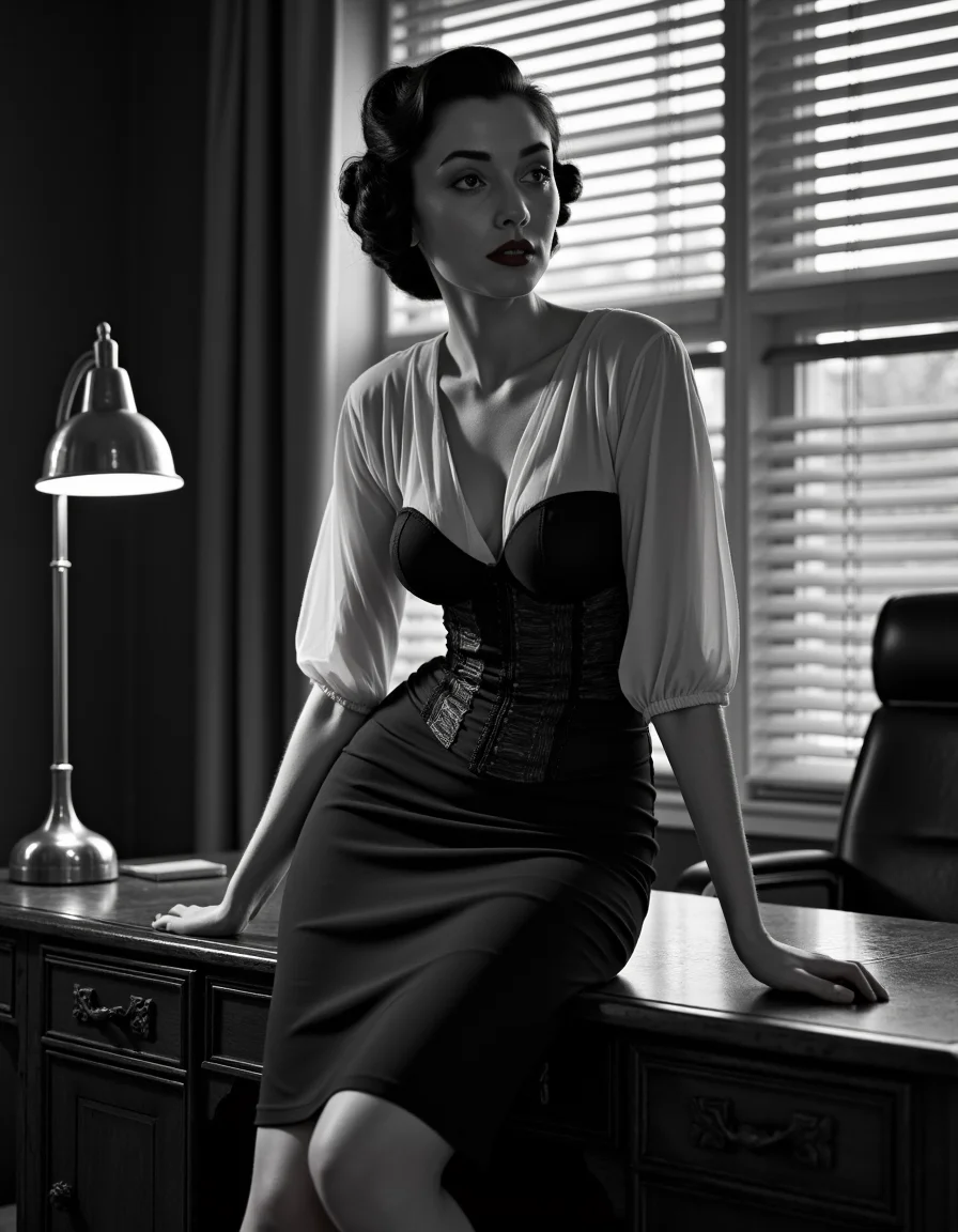 1950s ultra realistic, ultra defined textures, cinematic, cinematic lighting, monochrome, in a dimly lit office, a woman perches on the edge of a mahogany desk, wearing a structured corset under a tailored pencil skirt and sheer blouse. Her hair is styled in victory rolls, and her red lips are illuminated by the warm glow of a single desk lamp. A close-up shot with a Zeiss Ikon Contax, the shadows of Venetian blinds creating dramatic lines across her face and torso, adding tension and intrigue. noirstyle <lora:noirsexyxxx:0.8>