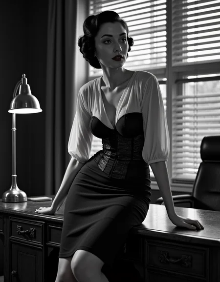 1950s ultra realistic, ultra defined textures, cinematic, cinematic lighting, monochrome, in a dimly lit office, a woman perches on the edge of a mahogany desk, wearing a structured corset under a tailored pencil skirt and sheer blouse. Her hair is styled in victory rolls, and her red lips are illuminated by the warm glow of a single desk lamp. A close-up shot with a Zeiss Ikon Contax, the shadows of Venetian blinds creating dramatic lines across her face and torso, adding tension and intrigue. noirstyle <lora:noirsexyxxx:0.8>