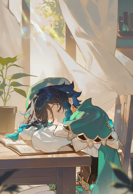 very awa, masterpiece, best quality, newest, absurdres, highres, <lora:artist_niukou_kouzi_vpred_v2:1>
venti \(genshin impact\), solo, sleeping, desk, bloom, light rays, green theme, aqua theme, gold theme, wooden table, head on arms, book, light particles, bokeh, close-up, blurry, window, sunset, potted plant, medieval, from above, on chair, curtains, wind, covering own mouth, upper body, cowboy shot,