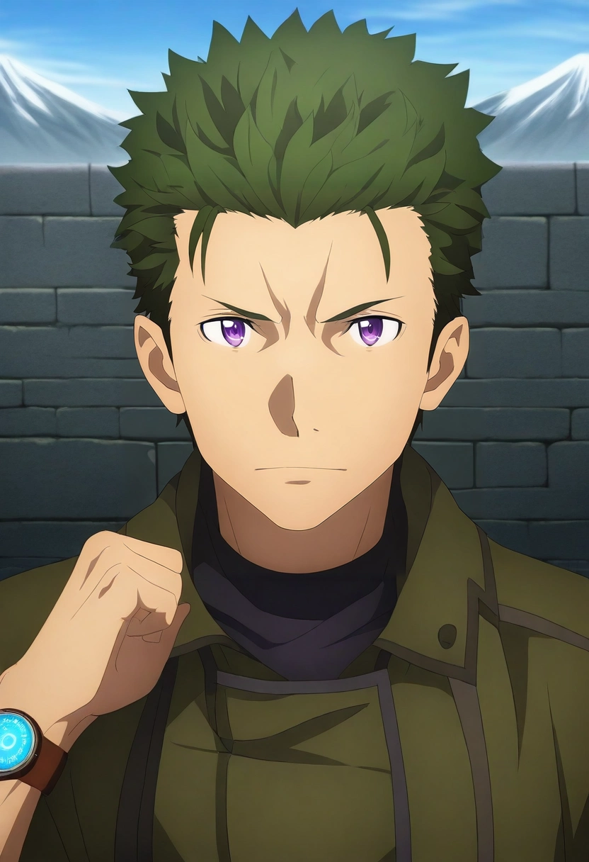 masterpiece, best quality, , , , , 1boy, male focus, amethyst eyes, green hair, clean-shaven,, solo, mountain fortress, stone walls, watch towers, training grounds, guard pose, vigilant expression, afternoon, <lora:sao_alicization_style_ilxl:0.96>, sao_alicization_style,