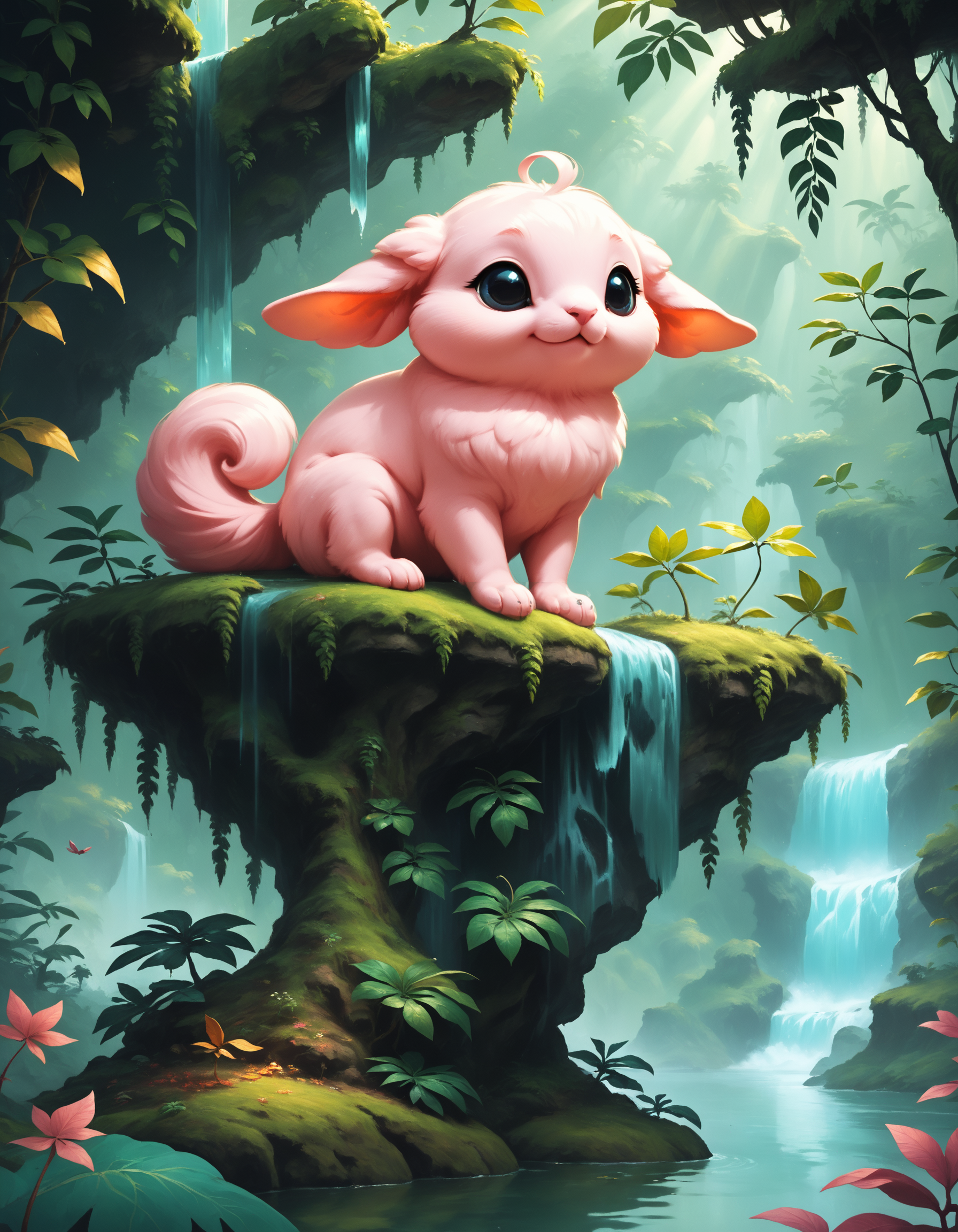 score_9, score_8_up, score_7_up, score_6_up, score_5_up, score_4_up, A fluffy, dumpling-shaped creature with enormous floppy ears, big pure black eyes, perched on a moss-covered rock overlooking a waterfall in a lush rainforest. Soft sunlight filters through the leaves.