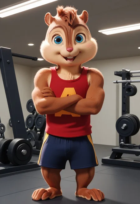 Score_9, score_8_up, score_7_up, source_furry, Alvin Seville, chipmunk, chipmunk male, furry male, furry, 3d, render, movie screencap, blue eyes, muscular body, muscles arms, muscular legs and thighs, red tank top, gym shorts, barefoot, gym, machines, smiling, crossed arms, looking at viewer, <lora:Alvin _Seville __Alvin_and_the_Chipmunks__CG_Movie_version:0.8>
