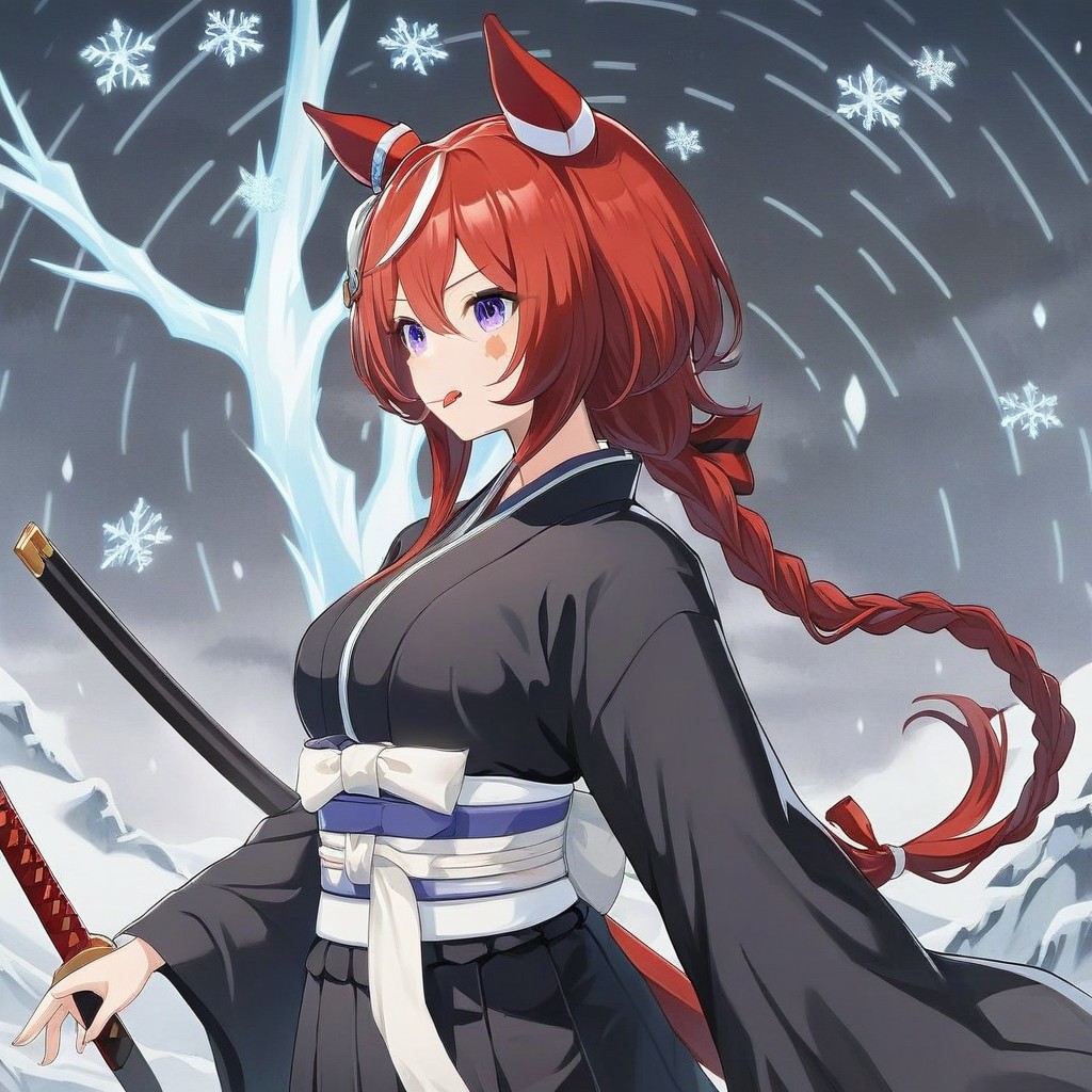 score_9,score_8_up,score_7_up,score_6_up,win variation \(umamusume\),1girl, source_bleach,purple_eyes,curvy,source_anime,glowing eyes,Sinoink,long braid,short hair,symmetrical,(bleach, solo, japanese clothes, black kimonoblack kimono shirt),white sash, (katana),tongue,blush_stickers,frown,glowing white aura,snowflakes, ice,masterpiece,best quality,newest,absurdres,best shadow,Sinoink
highly detailed background,detailed skin,very detailed clothes, (power_lines),(speed_lines),(emphasis_lines),(notice_lines),HD, <lora:add-detail-xl:1.5>
