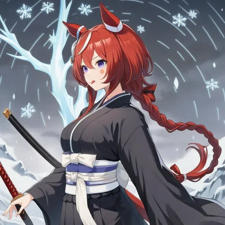 score_9,score_8_up,score_7_up,score_6_up,win variation \(umamusume\),1girl, source_bleach,purple_eyes,curvy,source_anime,glowing eyes,Sinoink,long braid,short hair,symmetrical,(bleach, solo, japanese clothes, black kimonoblack kimono shirt),white sash, (katana),tongue,blush_stickers,frown,glowing white aura,snowflakes, ice,masterpiece,best quality,newest,absurdres,best shadow,Sinoink
highly detailed background,detailed skin,very detailed clothes, (power_lines),(speed_lines),(emphasis_lines),(notice_lines),HD, <lora:add-detail-xl:1.5>
