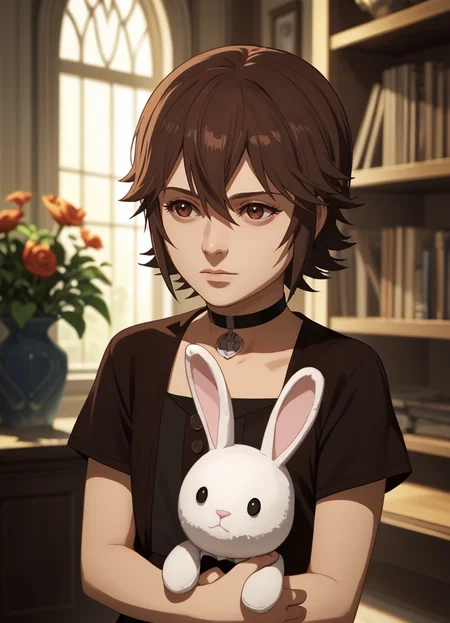 (score_9, score_8_up:1.1), score_7_up, official art, official wallpaper, irisamicitia, choker, black dress, short sleeves <lora:IrisAmicitia_BH_(PonyXL):1>, solo focus, upper body, concept art, holding stuffed toy, stuffed rabbit,