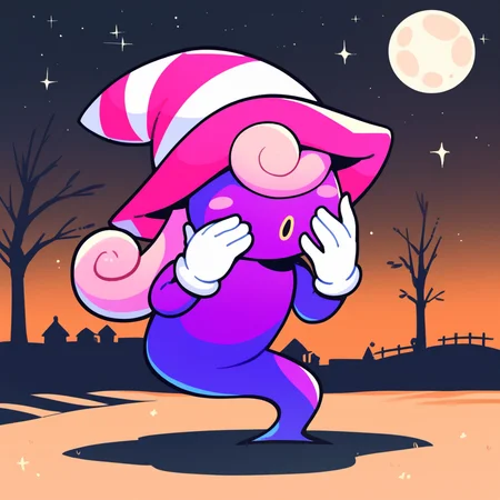 score_9, score_8_up, score_7_up, score_6_up, source_anime, best quality, night, orange background, stars, full moon, trees, town, BREAK 1girl, solo, vivian_(\paper_mario\), purple body, pink hat, witch hat, gloves, ghost, pink hair, long hair, no eyes, no legs, open mouth, hand on face, leaning forward, parted lips, <lora:PDXL_Vivian_PM:1>