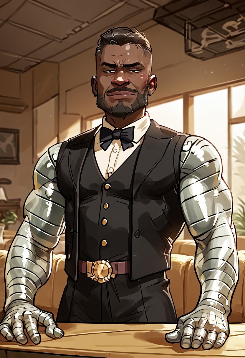 safe_pos, (perfect face:1.4),  1 male, high quality, high detail, perfect eyes, (close up:1.3), (light particles:0.6), masterpiece, (indoors:1.5),(fancy restaurant background:1.5),

JaxBriggs, dark-skinned male, metal arms, beard, vest, male, muscular male,  (upper body shot:1.5),  nervous, (black tuxedo:1.5), side angle, looking at the horizon, smirk, half closed eyes, fixing up bow, smile, standing near door,



 (skin detail:1.3), (shadows:1.5),  muscular calves, 
BREAK score_9, score_8_up, score_7_up, score_6_up, source_cartoon, rating_explicit