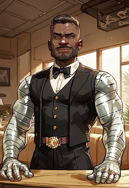 safe_pos, (perfect face:1.4), 1 male, high quality, high detail, perfect eyes, (close up:1.3), (light particles:0.6), masterpiece, (indoors:1.5),(fancy restaurant background:1.5),
JaxBriggs, dark-skinned male, metal arms, beard, vest, male, muscular male, (upper body shot:1.5), nervous, (black tuxedo:1.5), side angle, looking at the horizon, smirk, half closed eyes, fixing up bow, smile, standing near door,
(skin detail:1.3), (shadows:1.5), muscular calves,
BREAK score_9, score_8_up, score_7_up, score_6_up, source_cartoon, rating_explicit