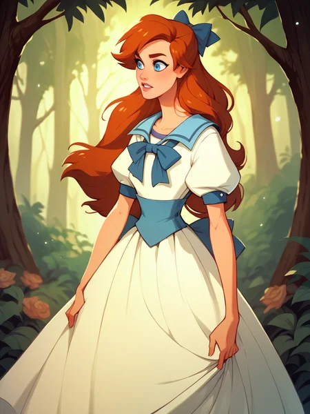 score_9, score_8_up, score_7_up, score_6_up, score_5_up, <lora:AnastasiaXLP:1> anastasia, 1girl, orange hair, solo, blue eyes, long hair, dress, bow, forest
