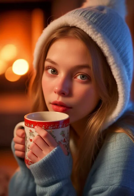 anna, highly detailed face, by the fireplace, holding an oversized (steaming mug:1.2), knees bent, big lips, winter pajamas, russian girl, taking a sip, (bokeh:1.3), sharp, ultra detailed, lens flare, night time, dream like art, ultra realistic, ultra detailed clothing, ultra detailed shadows, vibrant, ultra detailed lighting