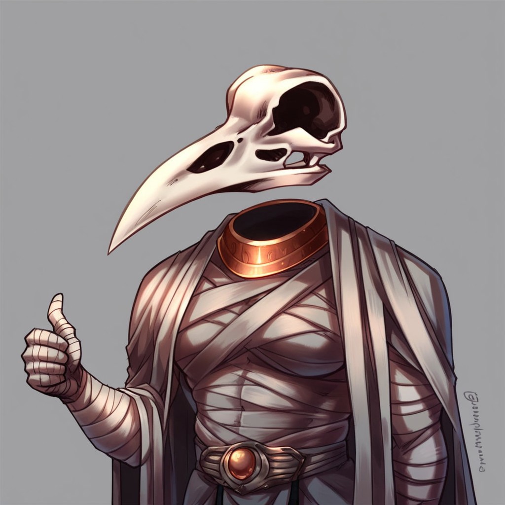 Zpdxl3, score_7_up, score_8_up, upper body, solo,detailed, 
BREAK,
Khonshu, skull head, floating head, beak, mummified, robe, (thumbs up), simple background,