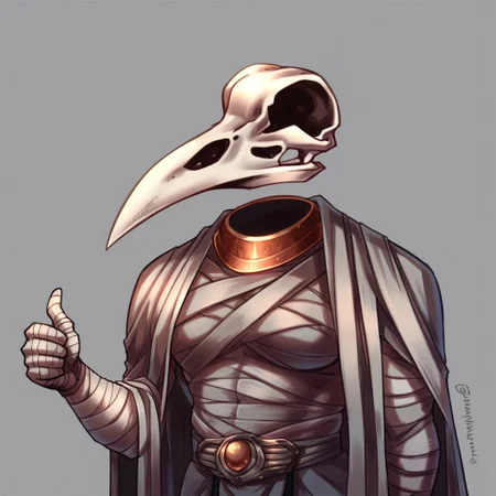 Zpdxl3, score_7_up, score_8_up, upper body, solo,detailed, 
BREAK,
Khonshu, skull head, floating head, beak, mummified, robe, (thumbs up), simple background,