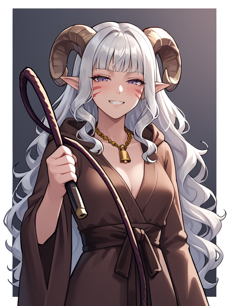 <lora:whip:0.8> holding_whip, holding weapon, whipping, whip,, source_furry, score_7_up, rating_safe, cowboy shot, gold necklace, tiefing, short pointed ears, brown horns, (a pair of brown sheep Horns that begin at her temples and curve back: 1.5), bangs, long silver hair long wavy hair, pale skin, <lora:whisker_markings:0.8>red whisker_markings ,short pointy ears, purple eyes, <lora:age_slider_v4:0.6>   medium breasts, skinny female, close up, silver hair, <lora:Tieflingnew weird fantasyDND:0.3> Tiefling, pointed ears, horns, half-closed eyes<lora:Smooth Style 2 SDXL_LoRA_Pony Diffusion V6 XL:0.5> bell, robe, hood off, grin, blush,