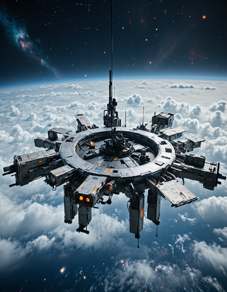 <lora:Space_Stations_ST01_Flux:1> st01, space station, in space, far above ground, lights, clouds, science fiction, lights, cloud planet, landing platforms, nebula, above sky, decals