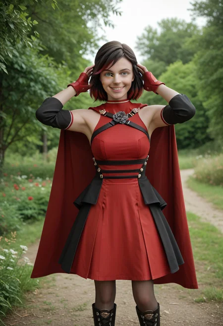 score_9, score_8_up, score_7_up,, high res ima , source_photo, source_real, (realistic:1.4),
,
1girl, cowboy shot, solo, outdoors, smile, looking at viewer, <lora:Summer_Rose_-_IL:0.8> SummerRose_RWBY, short hair, black hair,gradient hair, grey eyes, fingerless gloves, detached sleeves, bare shoulders, red dress,pantyhose, red cape, boots, masterpiece, best quality, good quality, newest, hands up over head