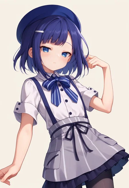 score_9, score_8_up, score_7_up, score_6_up, score_5_up, score_4_up, masterpiece, source_anime BREAK 1girl, ct-fuyu, flat chest, blue hair, short hair, blue eyes, hairclip, blue beret, white collared shirt, short sleeves, striped bow, suspender skirt, black pantyhose, beige background, simple background, looking at viewer, blush, half-closed eyes, dutch angle,<lora:Fuiba_Fuyu_PONY_c:1>