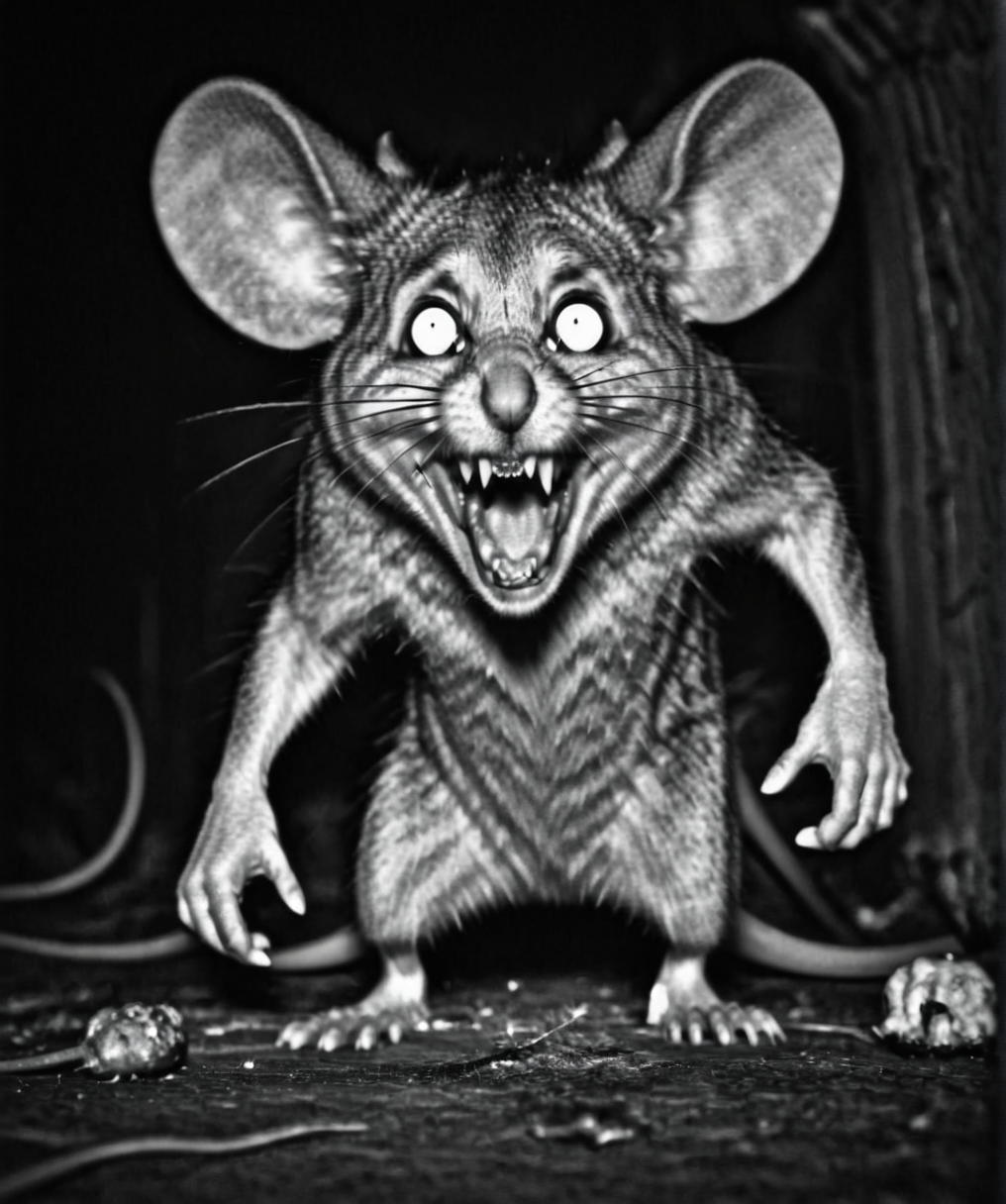 monochrome, evil giant mouse is yelling, horror   <lora:Camera trap:1>