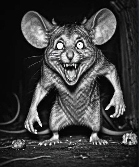 monochrome, evil giant mouse is yelling, horror   <lora:Camera trap:1>