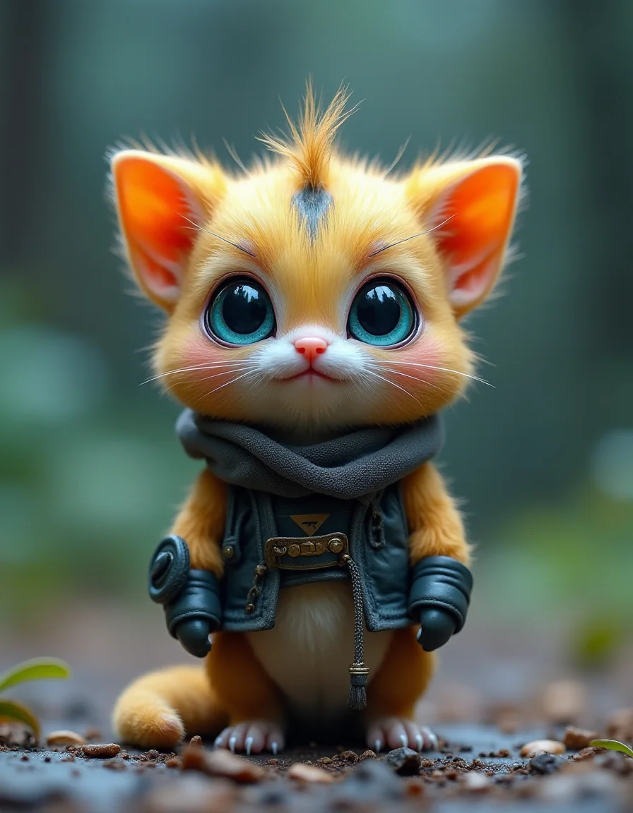 Cute little Creature, cyberpunk, playfull, happy, cuteness overload, masterpiece, small centered composition, product shot, wallpaper art, Rule of Thirds, delicate,lovable, tiny, best, dynamic composition, magnificent, intense, perfect background,