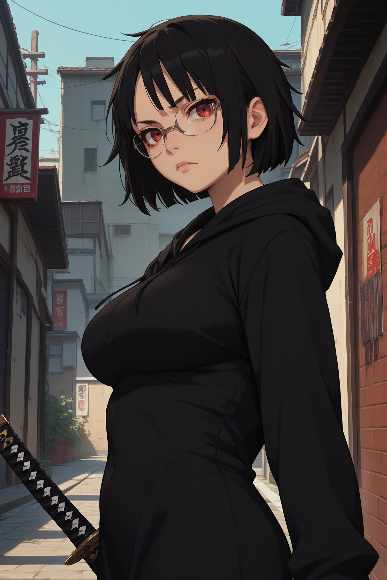 score_9, score_8_up, score_7_up, score_6_up, source_anime, 1girl, solo, <lora:sonoharaanri-pdxl-nvwls-v1-000006:1> anri, black hair, short hair, bob cut, glasses, black hoodie, black dress, big breasts, looking at you, from side, holding katana, serious, red eyes, alleyway