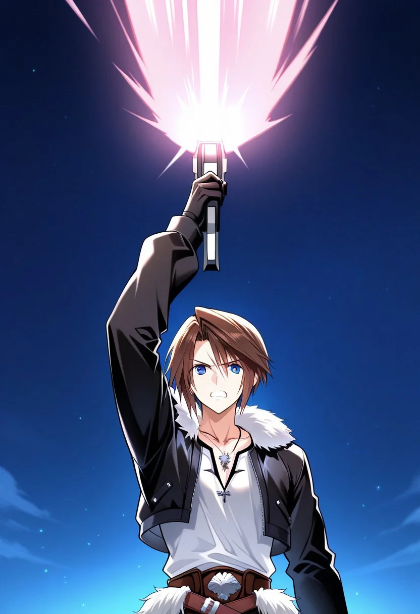 masterpiece, best quality, ultra-detailed, absurdres, newest, squall, 1boy, male focus, solo, blue eyes, brown hair, short hair, parted bangs, scar, scar on face, jewelry, earrings, stud earrings, necklace, shirt, white shirt, collarbone, fur trim, fur-trimmed jacket, jacket, black jacket, cropped jacket, long sleeves, gloves, black gloves, holding beam weapon, transamraiser, pink beam, giant beam, one arm up, outer space, upper body, open mouth, angry, clenched teeth, straight on