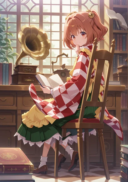 absurdres, highres, masterpiece, best quality, amazing quality, official anime artwork, screencap, anime screencap, indoors, dynamic pose, library, 
<lora:Kosuzu-Motoori_Illustrious:1> motoori kosuzu, 1girl, solo, brown eyes, brown hair, twintails, short hair,, bell, checkered kimono, wide sleeves, yellow apron, green skirt,  
holding book, hand on mouth, book, phonograph, open book, closed book, checkered floor, sitting, from behind, light smile,