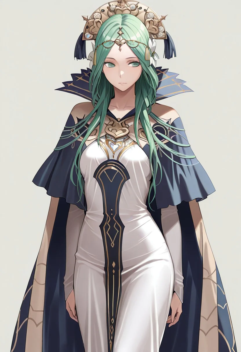 masterpiece, best quality, crimsonj-girl.fightil,
1girl, solo, RheaDef, green hair, long hair, hair ornament, green eyes, dress, white dress, cape,
simple background, perfect anatomy,