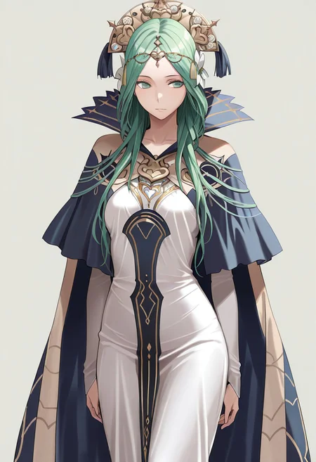 masterpiece, best quality, crimsonj-girl.fightil, 
  1girl, solo, RheaDef, green hair, long hair, hair ornament, green eyes, dress, white dress, cape,
simple background, perfect anatomy,