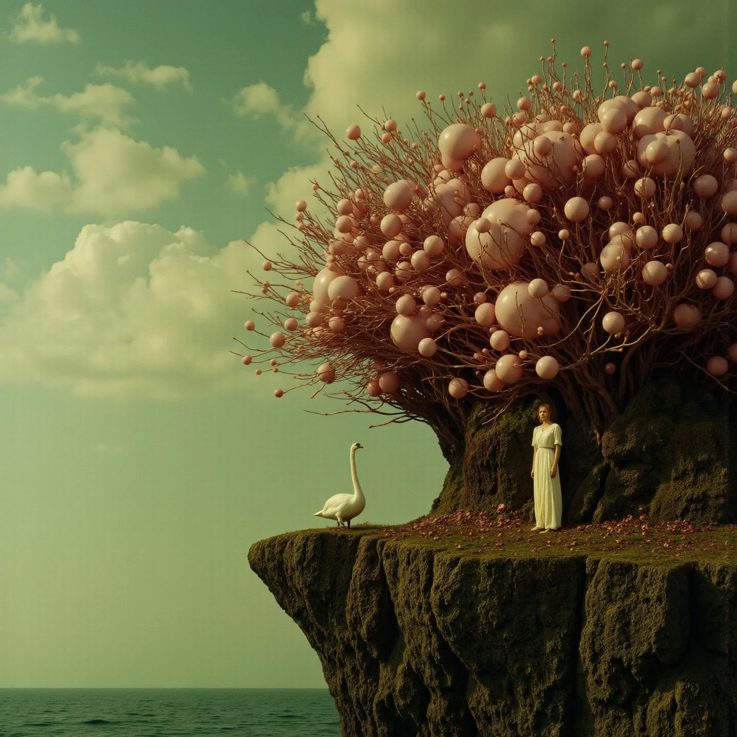 <lora:Florate Flux_v2_epoch_3:0.9> German stretched Surrealism photograph of viridian and sepia and maroon scene with many pale bulbous organic shapes. windy overgrown cliff. Swan. People, animals and characters are elongated.