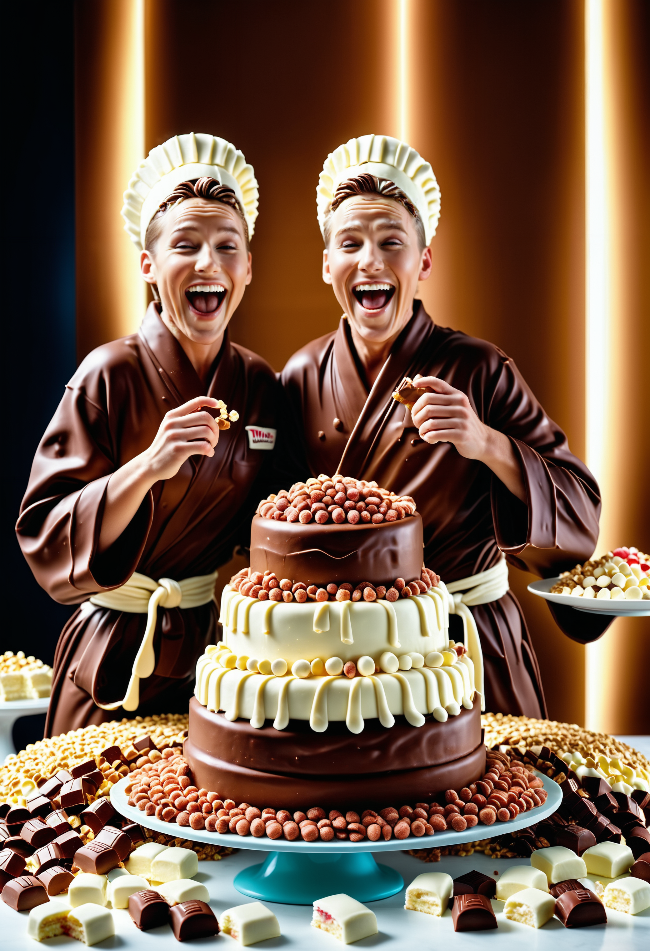 A masterpiece of a giant cake, Cinematic still, (Twins:1.3) , laughing hysterically, wearing robe, Panfuturism, High Contrast, matte skin, heroic, cinemascope, Jed-ChocoC, chocolate, cereals, <lora:last:0.7>, Jed-whtccae, <lora:WhiteChocoStyle-000005:0.6>, Jed-mrshmlw, <lora:MarshmallowStyle-000007:0.5>, Icing, stunningly beautiful background, masterpiece, positive emotions, atmosphere, dynamic background, sublime, best, intricate artistic color