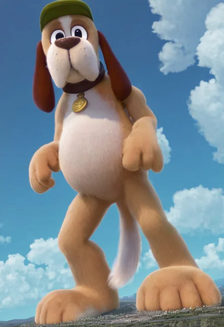 masterpiece, high res, absurdres,
1girl, solo, lux_lol_wr, male focus, giant, giga size, mega size,
landscape, cityscape, extremely tiny city, from below, paw focus, foreshortening, clouds, impact, smile,
blue sky, outdoors,
stride,
score_9, score_8_up, score_8, score_7, source_cartoon, Grandpaw_B, solo, anthro, male furry, dog, beige fur, white belly, long ears, brown ears, black eyes, green flat cap, black nose, white tail tip, thin tail, brown collar, gold pocket watch tag, large legs, brown eyelid, full body, looking at viewer, standing, sassy pose,
giant dog, big Paws,
sunlight, volumetric lighting, (backlight:0.7), (dutch angle:0.4), very wide shot, depth, ozone, bokeh, luminescent background,