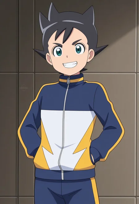 masterpiece,best quality,amazing quality, source_anime,
InamoriAsuto, 1boy, male focus, solo, green eyes, black hair, spiked hair, orion track jacket, smile, grin,