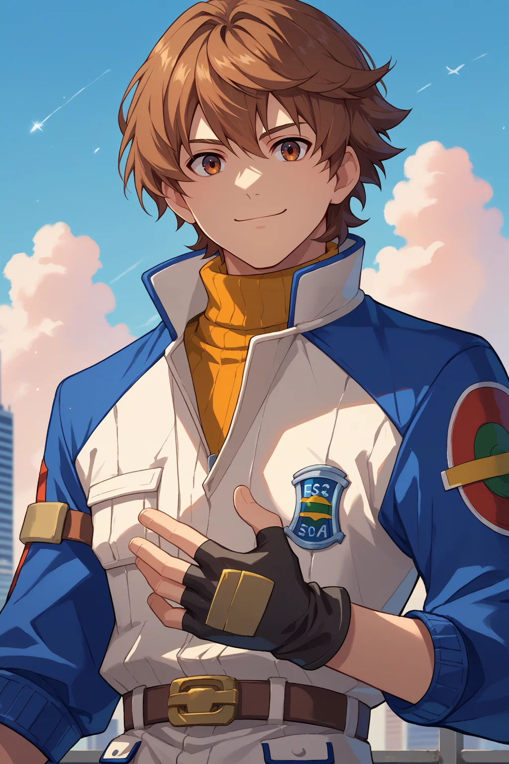 score_9, score_8_up, score_7_up, score_6_up, source_anime, 1boy, male focus, <lora:lloydbannings-pdxl-nvwls-v1:1> trailslloyd, brown hair, brown eyes, jacket, blue sleeves, turtleneck, fingerless gloves, black gloves, belt, upper body, portrait, looking at you, city, blue sky, smile, closed mouth, happy