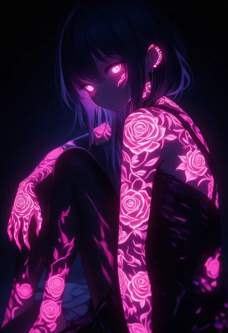 Generate a high-contrast anime-style illustration of a girl sitting in a dark room, her body adorned with glowing neon pink rose tattoos. The intricate floral designs illuminate the shadows around her, creating a soft but intense glow. Her expression is serene and mysterious, with a soft light filtering through abstract shapes. --ar 3:4 --style raw --stylize 800 --niji 6