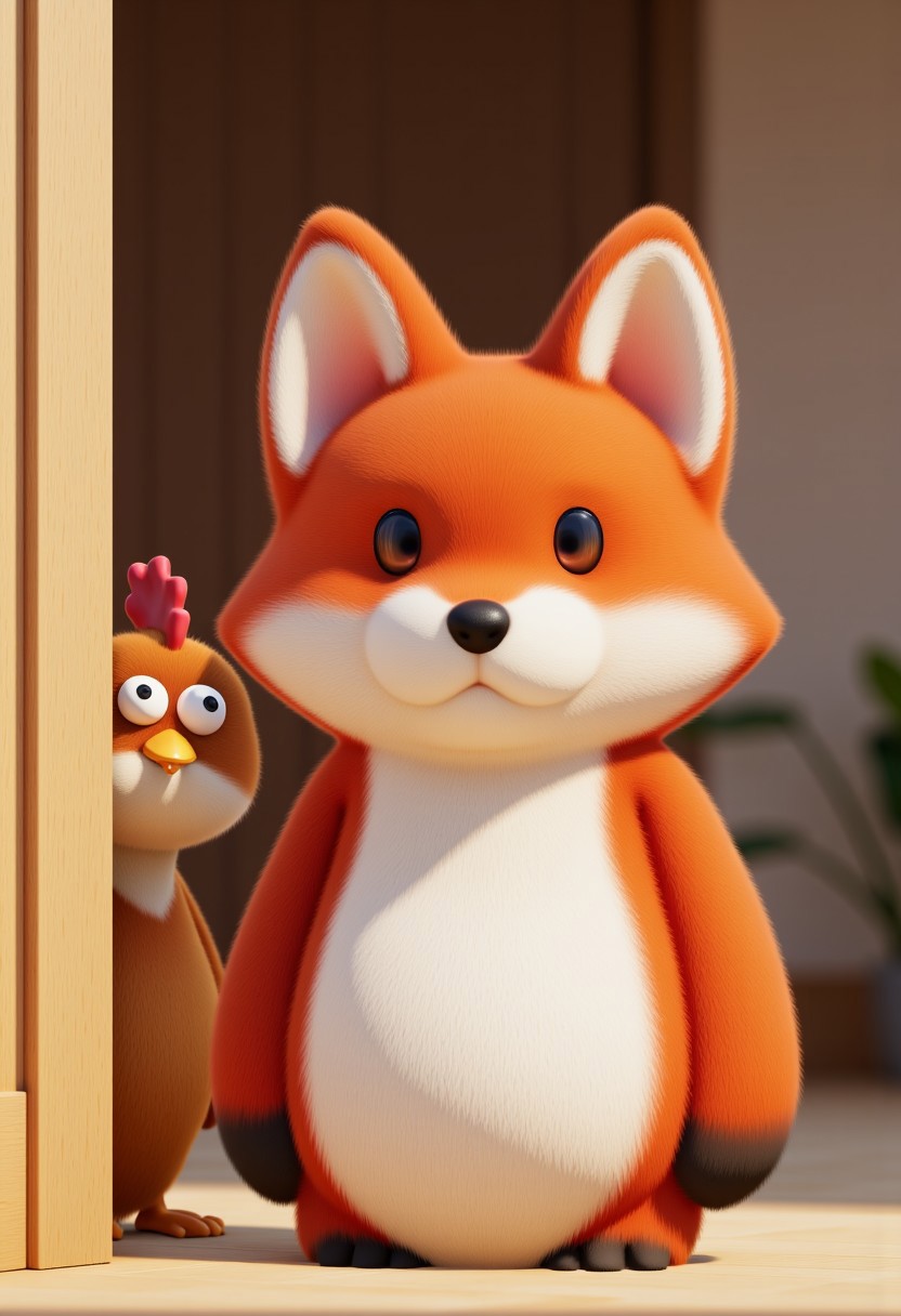 pastyle, A super cute anthropomorphic fox with fluffy scarlet red and white fur stands in the foreground, its sharp, fluffy ears perked up in curiosity. The fox’s big, innocent eyes and soft, plushy appearance make it irresistibly adorable. Its paws rest gently on the ground, as if caught mid-motion. Behind the corner, peeking nervously with just its beak and eyes showing, is an anthropomorphic chicken, shyly watching the fox. The scene is warm and playful, with a cozy, friendly atmosphere.