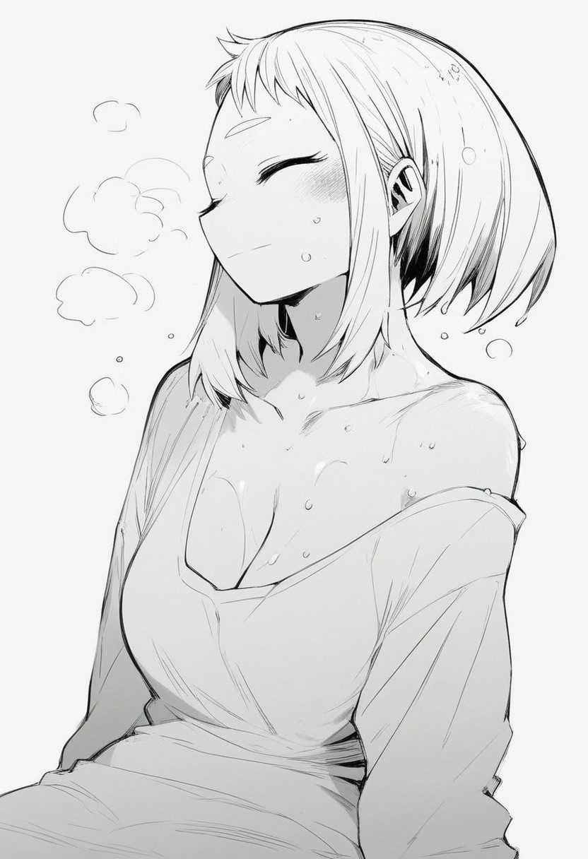 flatshinyskin, score_9, score_8_up, score_7_up , 1girl, 1girl, mosaic censoring, slight seductive pose,, large tear drop breasts, sweating, breasts,, long skirt, 1girl, solo focus,, wet, sweaty, sweating, steam, sitting , tired eyes, head tilted down, head looking down, head turned down side ways,  closed eyes, smile, facing side ways, (side portrait:1.5), slight smile,
(neck focus, collarbone focus)
ochako_uraraka, 1girl, score_9, score_8_up, score_7_up, Monochrome, MANGASTYLE, solo focus, perfect body, curvey, thick waist, thick body, oversized Tshirt, partially visible breasts, cleavage,  partially exposed  left shoulder, exposed left shoulder,  loose T shirt, side focus, facing sideways
(head resting on shoulders, head on shoulder)
round face, thick body, plumb