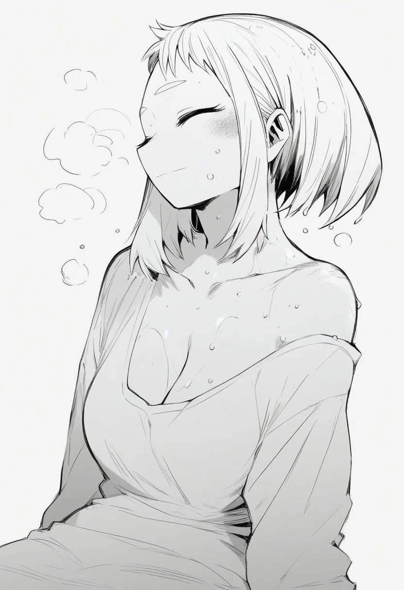 flatshinyskin, score_9, score_8_up, score_7_up , 1girl, 1girl, mosaic censoring, slight seductive pose,, large tear drop breasts, sweating, breasts,, long skirt, 1girl, solo focus,, wet, sweaty, sweating, steam, sitting , tired eyes, head tilted down, head looking down, head turned down side ways,  closed eyes, smile, facing side ways, (side portrait:1.5), slight smile,
(neck focus, collarbone focus)
ochako_uraraka, 1girl, score_9, score_8_up, score_7_up, Monochrome, MANGASTYLE, solo focus, perfect body, curvey, thick waist, thick body, oversized Tshirt, partially visible breasts, cleavage,  partially exposed  left shoulder, exposed left shoulder,  loose T shirt, side focus, facing sideways
(head resting on shoulders, head on shoulder)
round face, thick body, plumb